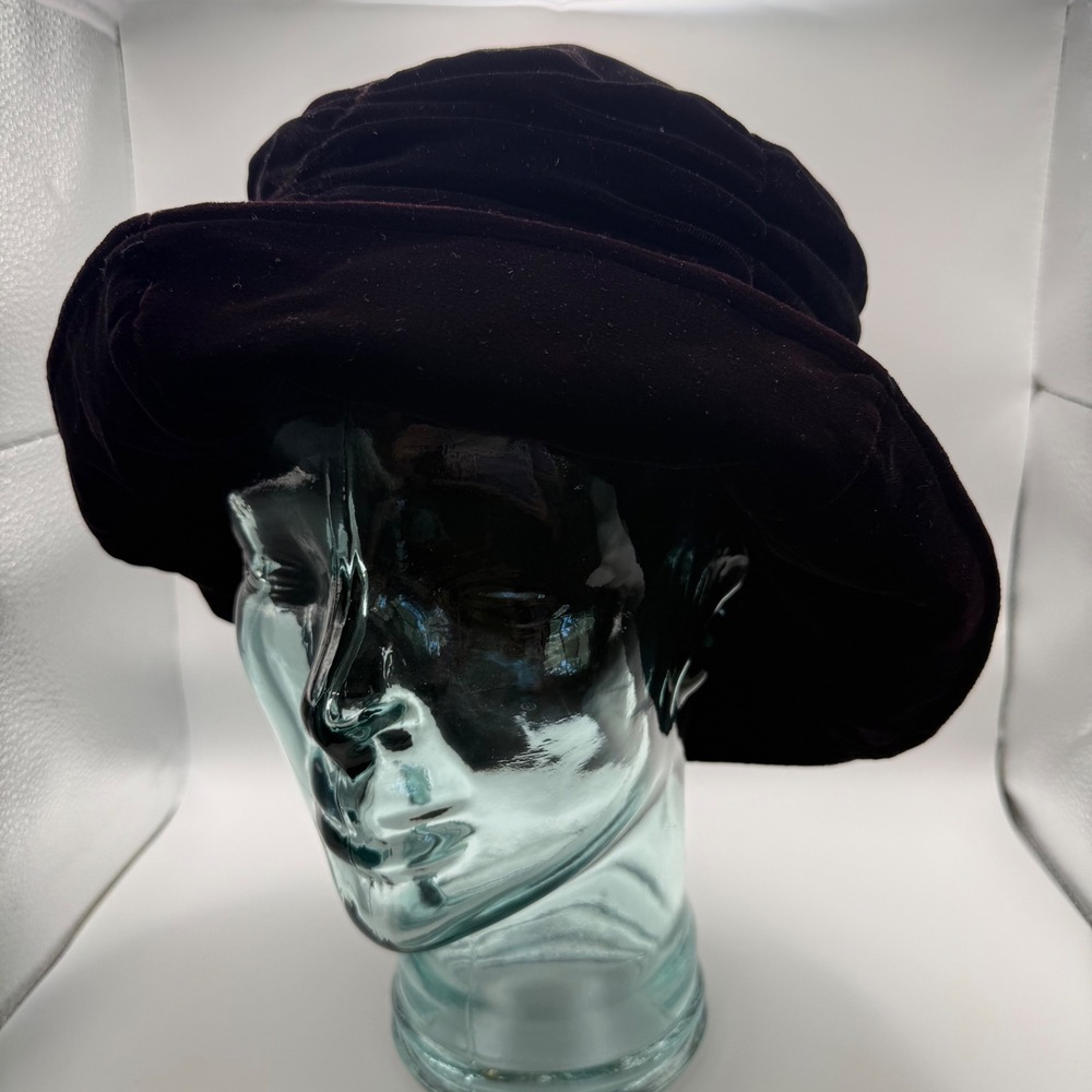 Vintage 90s Burgundy Velvet Cloche Hat Ruched Turban Wide Brim Art Deco Oxblood